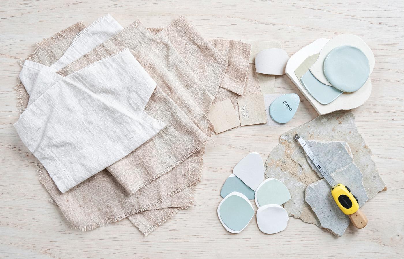 Coastal interior design material palette of linen, oak, stone and sea glass